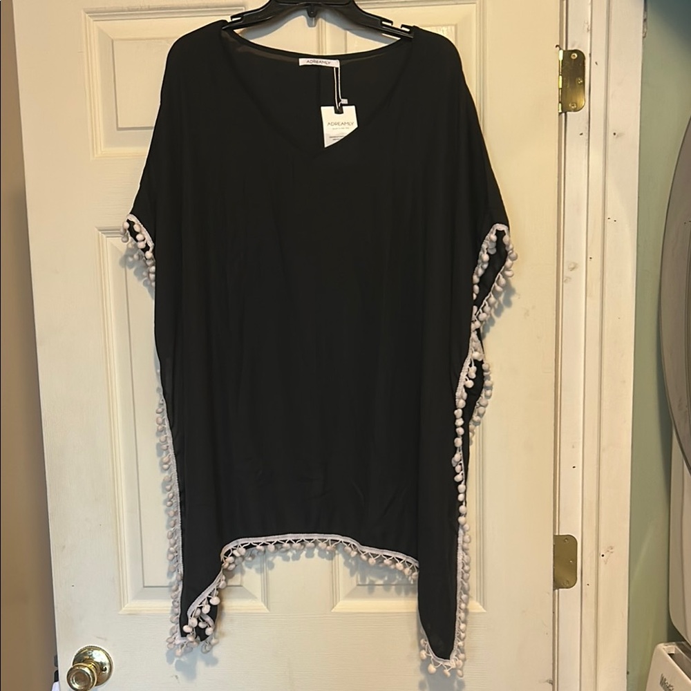 Adreamly Bathing Suit Cover Up Size M/L Black White Pompoms